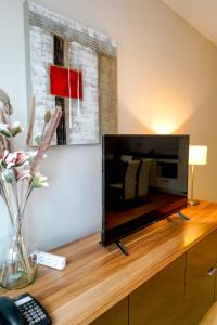Elle comprend une télévision à écran plat installée au-dessus d'un meuble en bois. dans l'établissement Garden Botanique, à Bruxelles