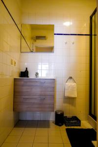 La salle de bains est pourvue d'un lavabo et d'une douche avec du carrelage jaune. dans l'établissement Garden Botanique, à Bruxelles
