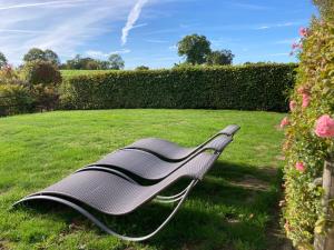 un banco tirado en el césped en un patio en L'Escale Normande, en Saint-Jean-des-Champs