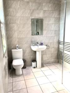 a bathroom with a toilet and a sink at Deluxe Huge Detached House with Parking, sleeps up to 30 people, 2m from Liverpool City Centre in Liverpool
