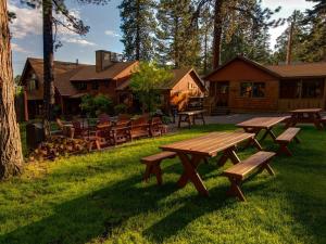 a group of picnic tables and chairs in the grass at Cedar Glen Lodge in Tahoe Vista