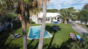 an aerial view of a house with a swimming pool and palm trees at Villa Miami Vieste in Vieste