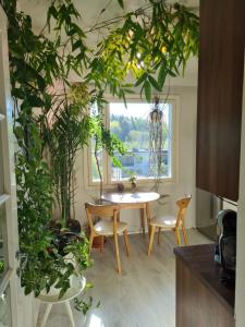 uma sala de jantar com uma mesa e algumas plantas em Paradise apartment em Vantaa