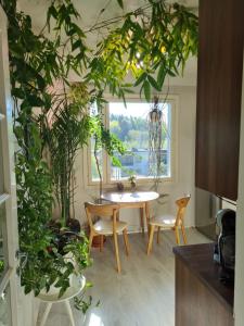 una sala da pranzo con tavolo e alcune piante di Paradise apartment a Vantaa