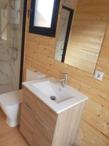 ein Badezimmer mit einem Waschbecken, einem WC und einem Spiegel in der Unterkunft Cabaña con piscina, urb. privada. Playa. in Carrió