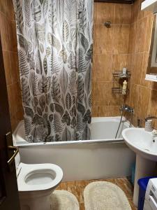 een badkamer met een toilet en een douchegordijn bij Gugi House in Borča