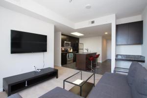 sala de estar con sofá y TV en la pared en Nice 2BR Pentagon City Apartment, en Arlington