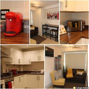 een collage van foto's van een keuken en een woonkamer bij Royal Brick Home - Sleeps 5 to 6 - No ULEZ - Tube Nearby - Free Parking - Lego Themed in Slough