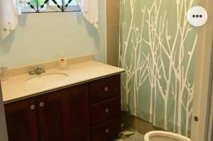 a bathroom with a sink and a shower curtain at A Piece of Paradise in Content