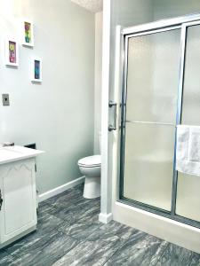 a bathroom with a shower and a toilet at Trestle Creek Farm- farmhouse suite in Bloomington
