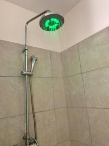 y baño con ducha con luz verde. en Studio Papeete Lodge - Kaoha Nui, en Papeete