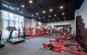 a gym with a lot of equipment in a room at Holiday Inn Express Shanghai New Jinqiao, an IHG Hotel in Shanghai