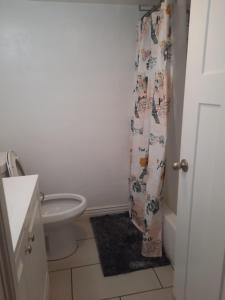 a bathroom with a toilet and a shower curtain at Born to Wander in Cedar City