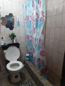 a bathroom with a toilet and a shower curtain at Nirvana Hermosa habitación individual e independiente in Guatemala