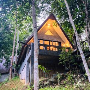 une maison dans les bois avec des arbres dans l'établissement Baan Rai Me Rak Organic Farmstay, à Ban Pa Khlok