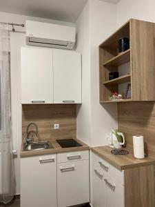 Elle comprend une petite cuisine avec des placards blancs et un évier. dans l'établissement LITTLE GARDEN - self CHECK IN, à Osijek