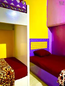 two bunk beds in a room with yellow and purple at Heissa Hostel in Aswan