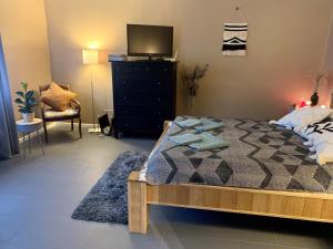 - une chambre avec un lit, une télévision et une commode dans l'établissement Apartment Sigulda, à Sigulda
