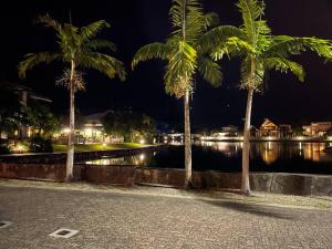 two palm trees in front of a river at night at Relax at Trinity Beach Getaway, Blue Lagoon, Trinity Beach in Trinity Beach