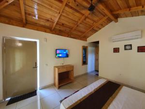 een grote kamer met een televisie en een deur bij The Tiger Claw Resort in Rāmnagar