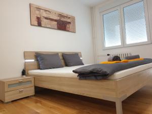 um quarto com uma cama num quarto com duas janelas em DurmitorBW em Sajmište