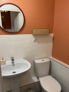 La salle de bains est pourvue de toilettes, d'un lavabo et d'un miroir. dans l'établissement Moulins centre : Appartement N*6, à Moulins