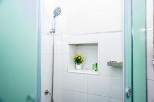 een badkamer met een douche en een plant op een plank bij NIFEWAT APARTMENT,Bris suite 1bedroom apartment gym, Netflix,WiFi in Abuja +16 foto's