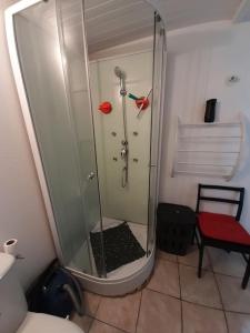 La salle de bains est pourvue d'une cabine de douche et d'une chaise rouge. dans l'établissement Maisonnée avec une chambre, à Saint-Michel-en-lʼHerm