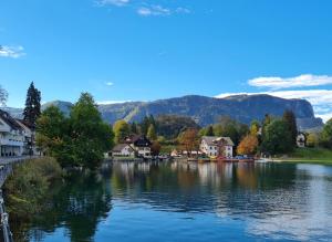 a view of a river with houses and mountains in the background at Apartment Maca Bled in Bled