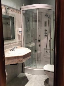a bathroom with a shower and a sink and a toilet at Hotel Rural Venta Del Alon in Villalón de Campos