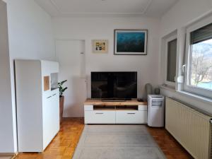 a kitchen with white cabinets and a large window at Apartment Maca Bled in Bled