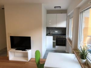 ein Wohnzimmer mit einem TV und einer Küche in der Unterkunft Messeapartment Dutzendteich in Nürnberg