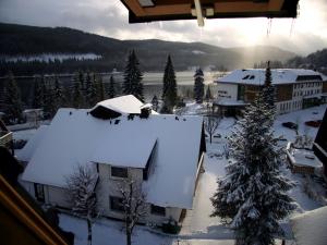 une maison avec de la neige sur le toit dans l'établissement Haus am Tannenhain, à Titisee-Neustadt