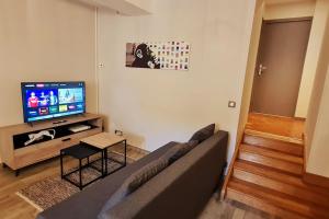 uma sala de estar com um sofá e uma televisão em Le 56 Faubourg - Proche centre - Parking gratuit em Beaune