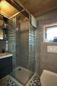 a bathroom with a shower and a toilet and a sink at Tiny house AMBAR in Starčevljani