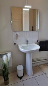 y baño con lavabo blanco y espejo. en Le Lucerne, entre thermes et centre ville-lamaisondefrancois03, en Vichy