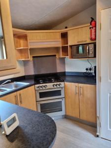 a kitchen with a stove and a sink at Quite 3 Bedroom Static Caravan in Sidcup