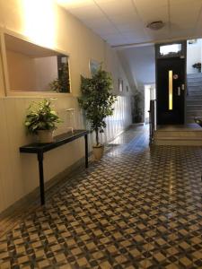un couloir avec des plantes en pot et une porte noire dans l'établissement Le Saint-Michel, à Menton