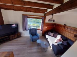 ein Wohnzimmer mit einem Sofa und einem TV in der Unterkunft Ferienhaus Sonnendeck in Simmerath
