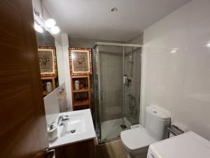 uma casa de banho com um chuveiro, um lavatório e um WC. em Destino Cobisa em Cobisa