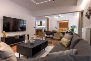 uma sala de estar com um sofá e uma televisão em Phaedrus Living Luxury Penthouse Ploutarchou em Atenas
