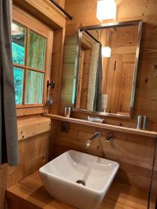 uma casa de banho com um lavatório e um espelho em Chalet Québec em Saint-Nicolas-la-Chapelle