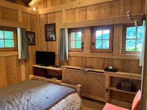 um quarto com paredes de madeira, uma cama e uma televisão em Chalet Québec em Saint-Nicolas-la-Chapelle
