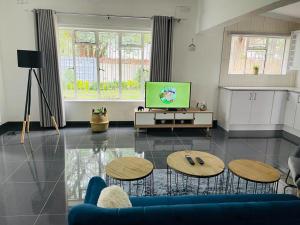 a living room with a blue couch and a tv at Remarkable 2-Bed House in Bulawayo in Bulawayo