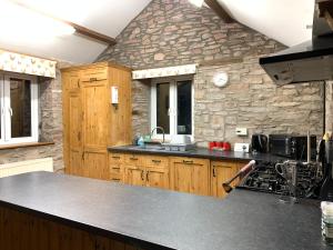 a kitchen with wooden cabinets and a stone wall at Llwyn Llwyd Cottage in Brecon