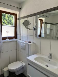 a white bathroom with a toilet and a sink at Ferienhaus Lebenskraft in Pfaffetschlag