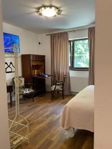 um quarto com uma cama, uma secretária e uma cadeira em Iasskii Torg - La belle epoque em Iaşi