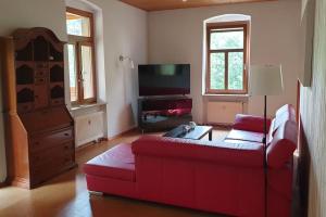- un salon avec un canapé rouge et une télévision dans l'établissement Idyllische Ferienwohnung in Zentrumsnähe, à Dresde