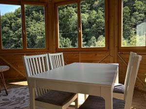 ドレスデンにあるIdyllische Ferienwohnung in Zentrumsnäheの窓付きの客室で、白いテーブルと椅子が備わります。