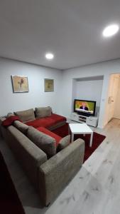 a living room with a couch and a tv at Apartamento da Antónia in Viseu